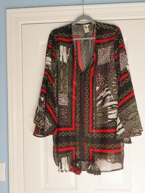 Violet Sky sheer tunic‎ top coverup large animal & chain print tassles flowy